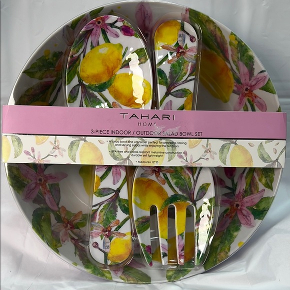 Tahari Lemon Floral Salad Bowl Set with Utensil NWT - Picture 1 of 5